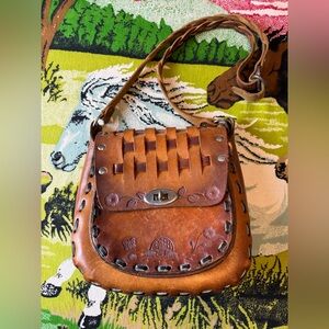 Vintage 1970s Hand Tooled Leather Shoulder Bag Mushrroms, Butterflies & Flowers